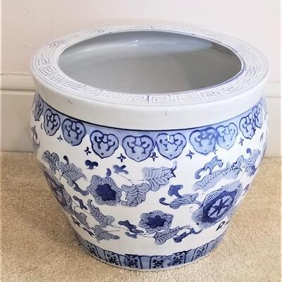 Lot #114  Decorative Blue/White Garden Pot - Asian Styling