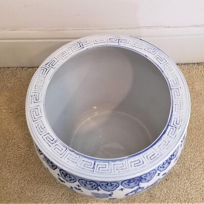 Lot #114  Decorative Blue/White Garden Pot - Asian Styling