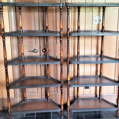 Lot #115  Cool Pair of Mid-Century Etageres - metal gallery/"leather" shelves