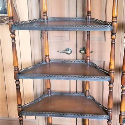 Lot #115  Cool Pair of Mid-Century Etageres - metal gallery/"leather" shelves