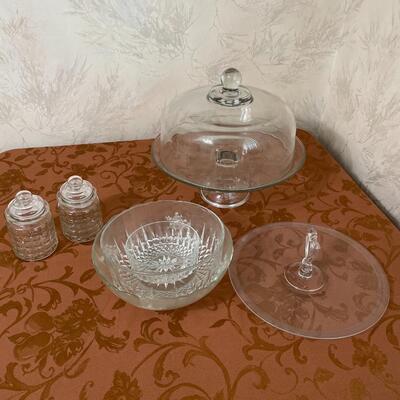 Cake stand with cover, bowls, canister and tray