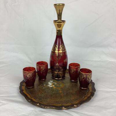 3112 Ruby/Gold Bohemian Glass Liquor Set