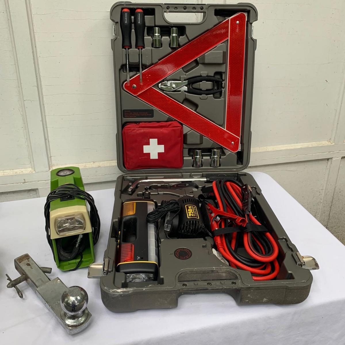 Brookstone Auto Emergency Kit, Mini Air Compressor, Hitch, and Chains