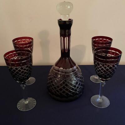 Ruby Red Crystal Glass Decanter and Wine Glass Set