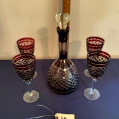Ruby Red Crystal Glass Decanter and Wine Glass Set