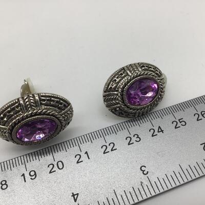 Beautiful Large Purple and Silver Tone Clip on Earrings