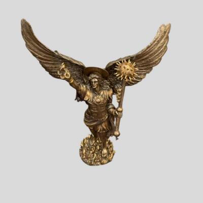 Archangel Uriel Battle Angel with Mace & Torch Bronze Patina Statue - 12