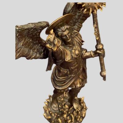Archangel Uriel Battle Angel with Mace & Torch Bronze Patina Statue - 12"