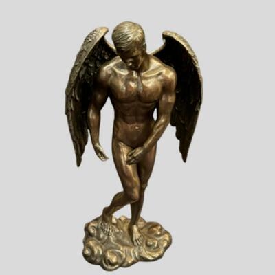Nude Male Angel Bronze Patina Statue - 12"