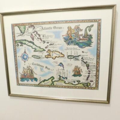 Colorful Framed Art Print of West Indies Map