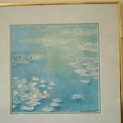 MONET STYLE PRINT OF POND PROFESSIONALLY MATTED AND FRAMED IN BRASS FRAME W/ TWO MATTS