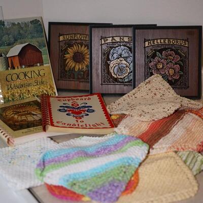 GROUPING OF FOUR FAVORITE FLORAL WOODEN EMBOSSED PLAQUES. VINTAGE COOKBOOKS, HAND CROCHETE POTHOLDERS 10