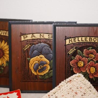 GROUPING OF FOUR FAVORITE FLORAL WOODEN EMBOSSED PLAQUES. VINTAGE COOKBOOKS, HAND CROCHETE POTHOLDERS 10