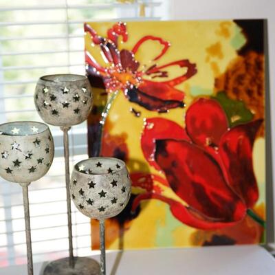 GLAZED ACRYLIC PLAQUE OF FLORALS AND METAL CANDLEHOLDERS W/STAR SILOUETTES