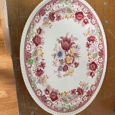 Vintage, Rare, Johnson Brothers China, Winchester 14" Oval Platter Roped Edge Floral, Pinks & Reds