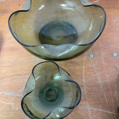 Vintage Green Glass Chip and Dip Set