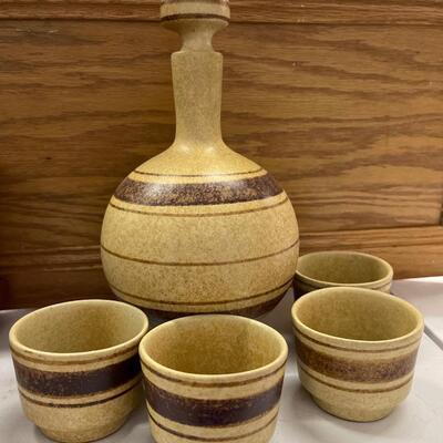 Fabulous Decanter Set Mid Century Modern Stoneware Pottery with 4 cups
