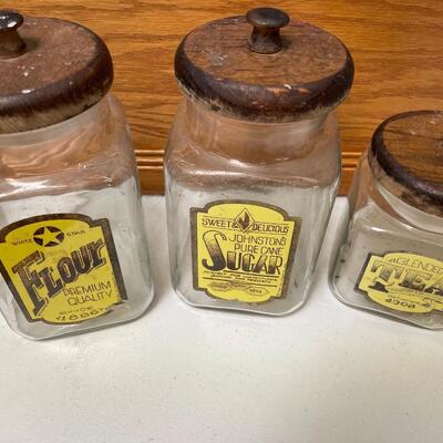 Vintage 3 Anchor Hocking Labeled Glass Canister Wood Lid Flour Sugar Tea