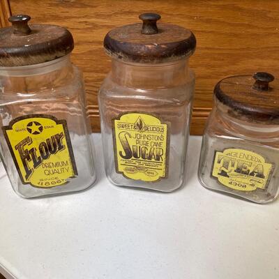 Vintage 3 Anchor Hocking Labeled Glass Canister Wood Lid Flour Sugar Tea