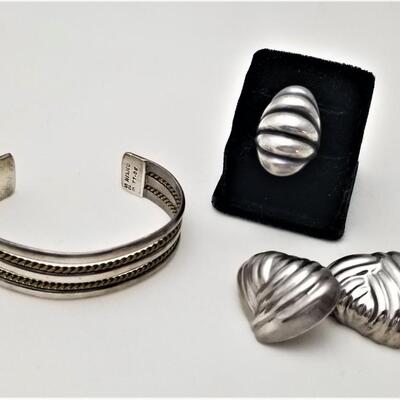 Lot #159  Sterling Silver Lot - Cuff Bracelet, Ring, Earrings