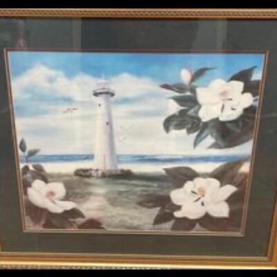 Joan daughtery Biloxi lighthouse and magnolia double signed print-34 x 31