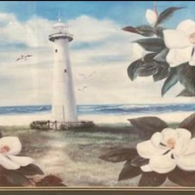 Joan daughtery Biloxi lighthouse and magnolia double signed print-34 x 31