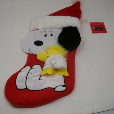 NOS SNOOPY Hugging Woodstock Christmas Stocking w/ Santa Hat
