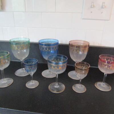 Collection of Colored Crystal Wine and Cordial Glasses