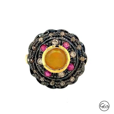 Sterling Gold Tone Ruby & Diamond Ring, Size 6.75