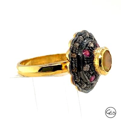 Sterling Gold Tone Ruby & Diamond Ring, Size 6.75