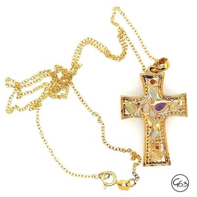 Gold Tone Sterling Multi Gemstone Cross Pendant Necklace