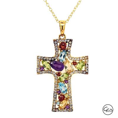 Gold Tone Sterling Multi Gemstone Cross Pendant Necklace