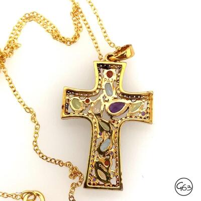 Gold Tone Sterling Multi Gemstone Cross Pendant Necklace