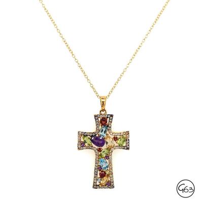 Gold Tone Sterling Multi Gemstone Cross Pendant Necklace