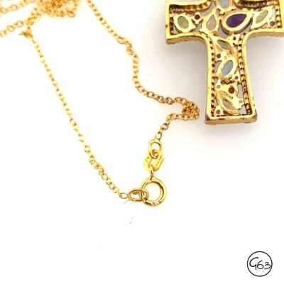 Gold Tone Sterling Multi Gemstone Cross Pendant Necklace