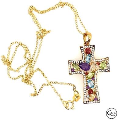 Gold Tone Sterling Multi Gemstone Cross Pendant Necklace