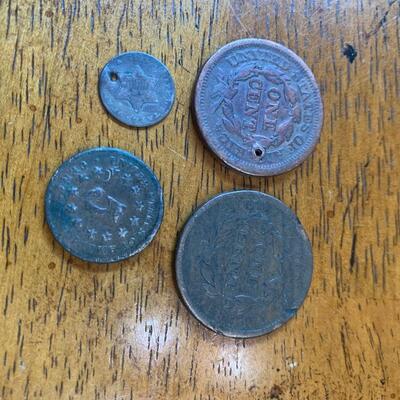Antique Colonial Coins Lot 1838 & 1851 Large Cent 1869 Nickel 1851 3 Cent Silver Coin