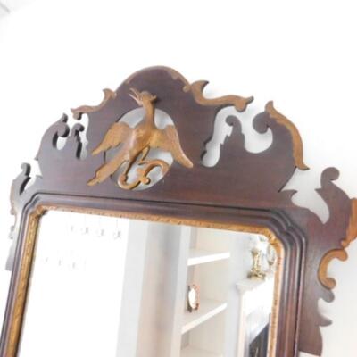 Vintage Asian Design Wood Frame Wall Mirror with Heron Accent