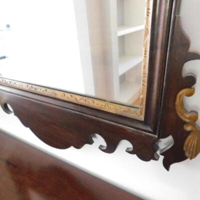 Vintage Asian Design Wood Frame Wall Mirror with Heron Accent