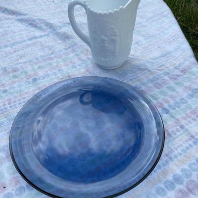 Milk glass pitcher and blue plate