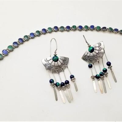 Lot #180 Sterling Lapis & Malachite Bracelet with Complementary Earrings