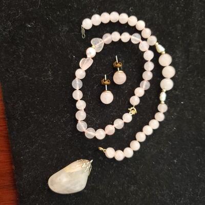 Pink Jade bracelets, pendant, and earrings