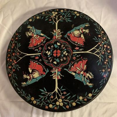 Cookie Tin - Biscuit Tin - Candy Tin Flowers Trees Dancers 9â€ approx