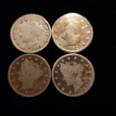 Liberty Nickels 1892 1893 1895 lot of 4 coins