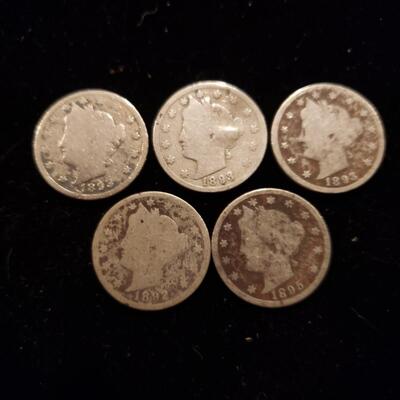 Liberty Nickels 1892, 1893, 1895 lot of 5 coins