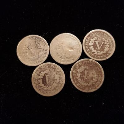 Liberty Nickels 1892, 1893, 1895 lot of 5 coins