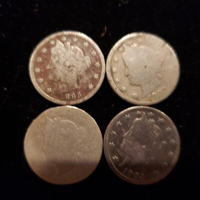 Liberty Nickels 1892, 1893, 1895 lot of 4 coins