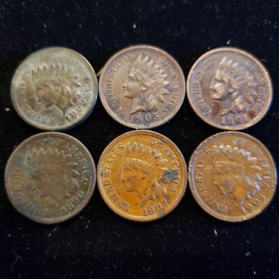 Indian Cents 1890, 1892, 1901, 1904, 1907, 1905 XF