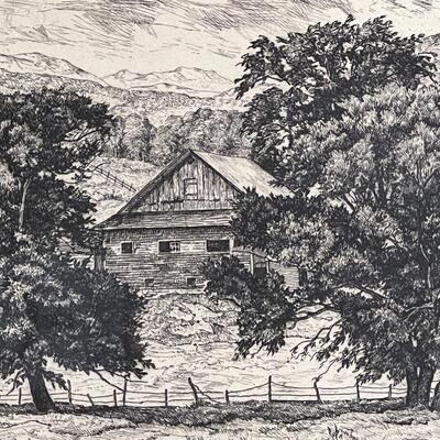 Prairie Printmaker Luigi Lucioni signed print bucolic Farmstead - hard to find