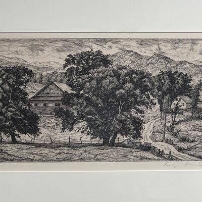 Prairie Printmaker Luigi Lucioni signed print bucolic Farmstead - hard to find